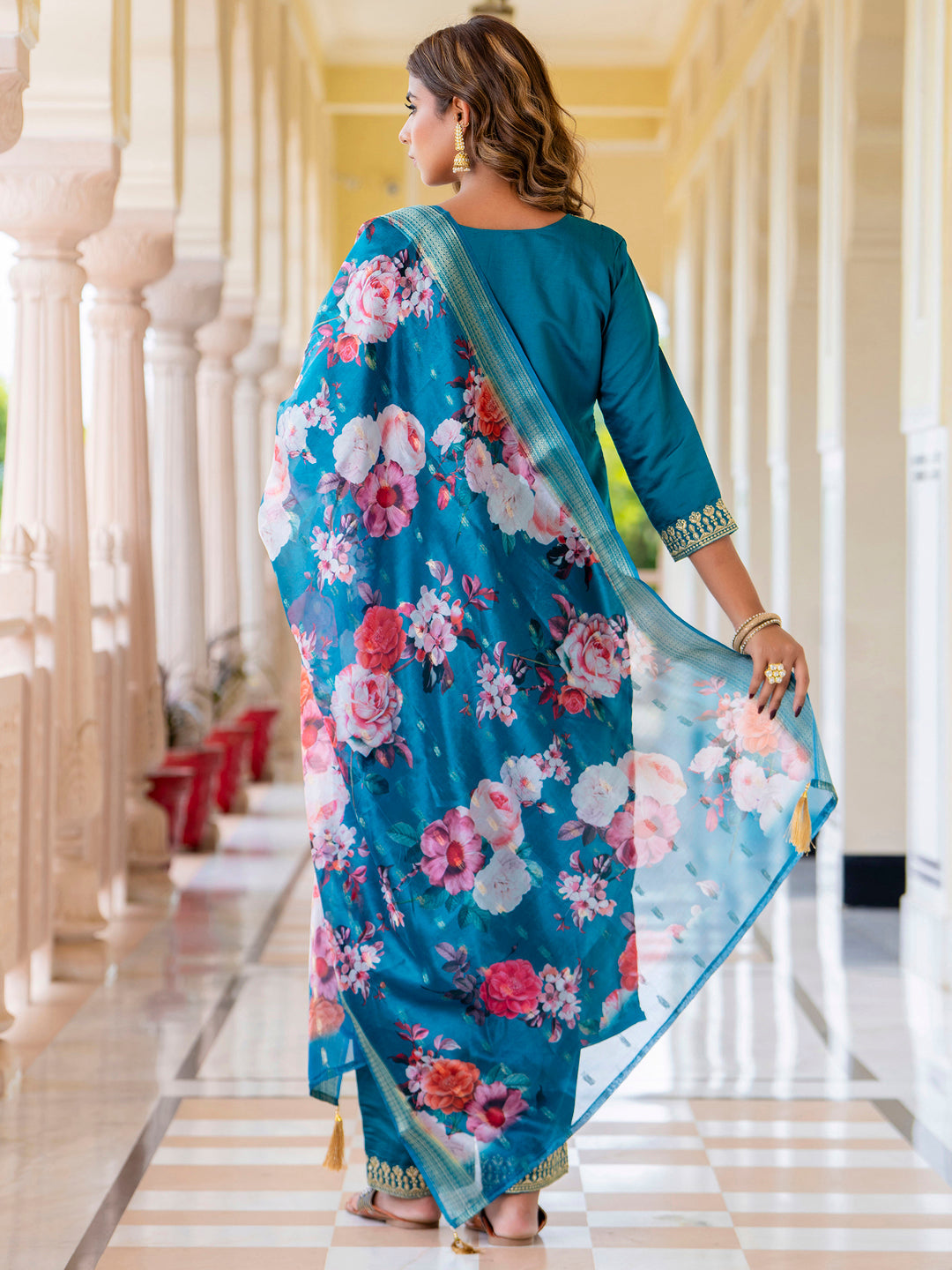 Anupama Women’s Viscose Roman Silk Embroidery Straight Kurta Pant with Dupatta Set - FitVibe Fashion