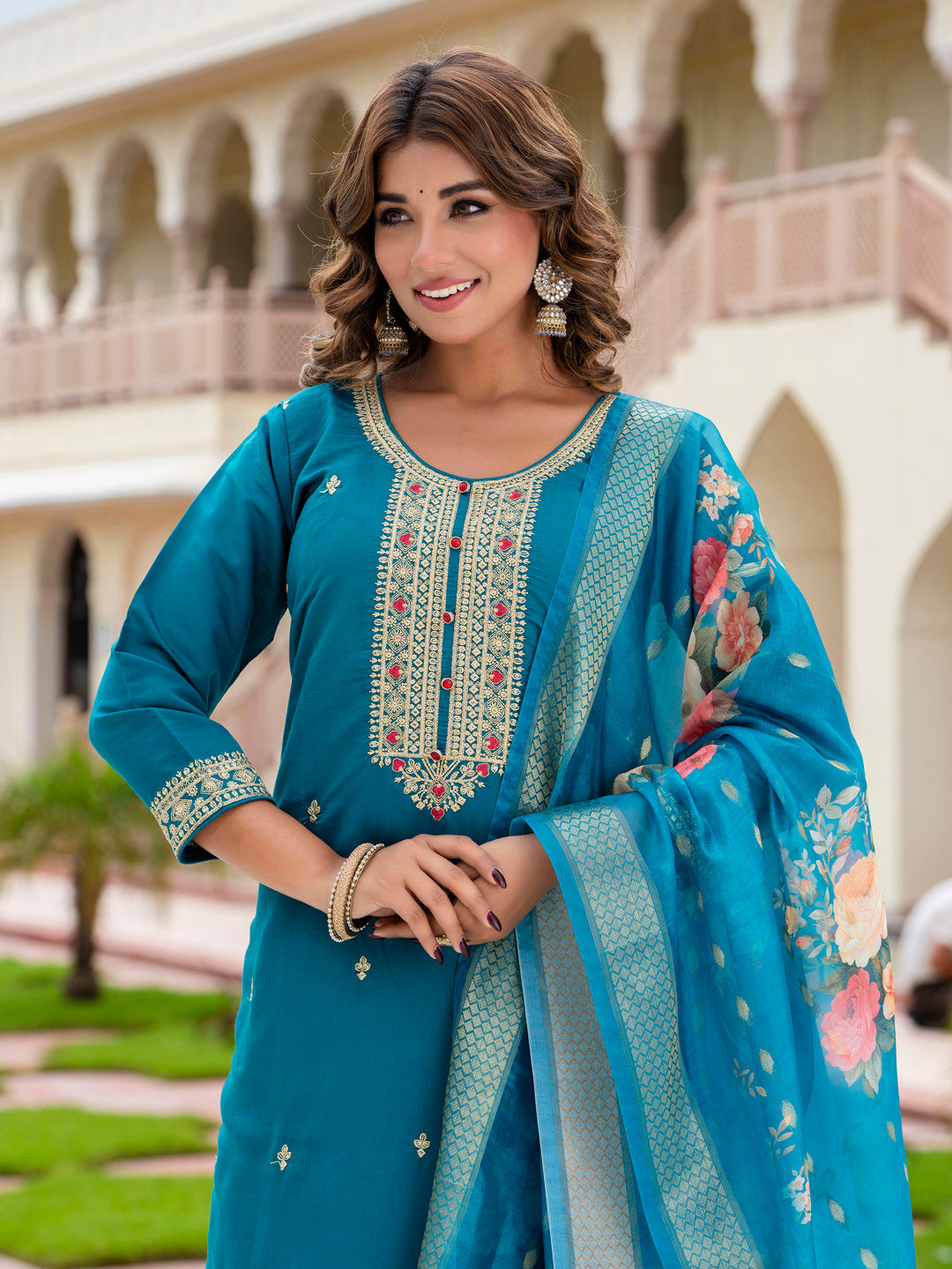 Women’s Viscose Roman Silk Embroidery Straight Kurta Pant with Dupatta Set - FitVibe Fashion