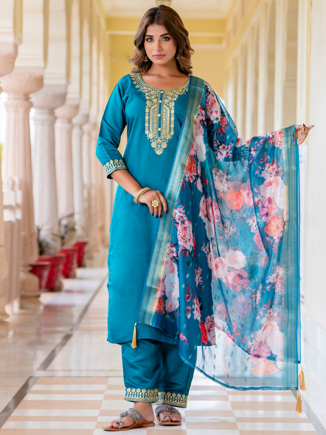 Anupama Women’s Viscose Roman Silk Embroidery Straight Kurta Pant with Dupatta Set - FitVibe Fashion