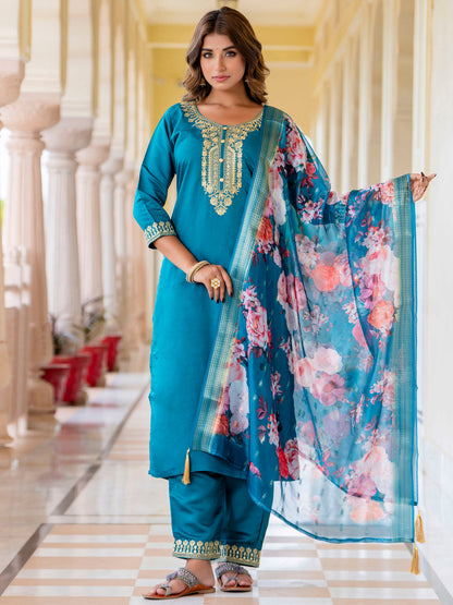 Anupama Women’s Viscose Roman Silk Embroidery Straight Kurta Pant with Dupatta Set - FitVibe Fashion