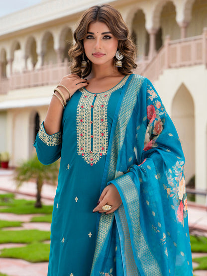 Women’s Viscose Roman Silk Embroidery Straight Kurta Pant with Dupatta Set - FitVibe Fashion