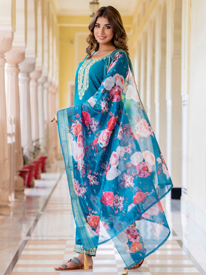 Anupama Women’s Viscose Roman Silk Embroidery Straight Kurta Pant with Dupatta Set - FitVibe Fashion