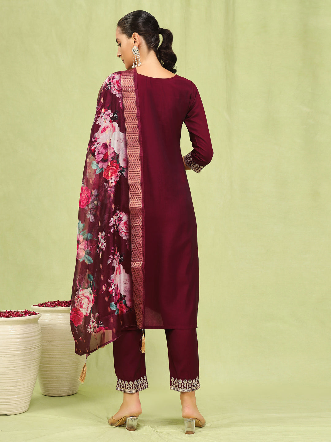 Megha Women’s Viscose Roman Silk Embroidery Straight Kurta Pant with Dupatta Set - FitVibe Fashion