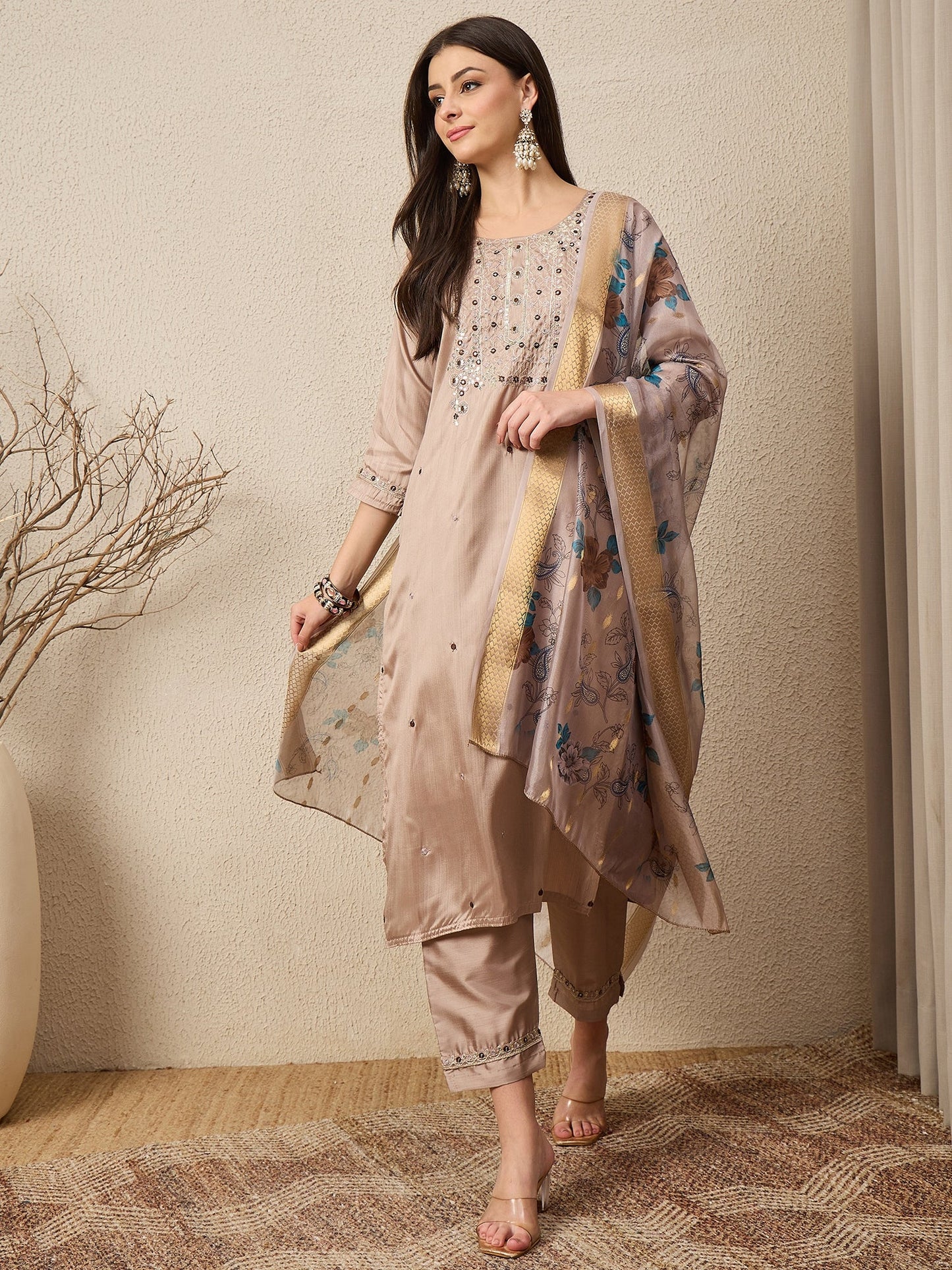 Jhalak Beige Women Silk Blend Kurta and Trousers Pant Set - FitVibe Fashion