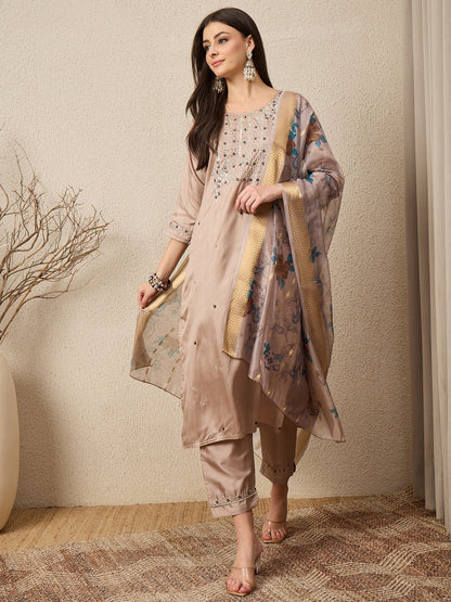 Jhalak Beige Women Silk Blend Kurta and Trousers Pant Set - FitVibe Fashion