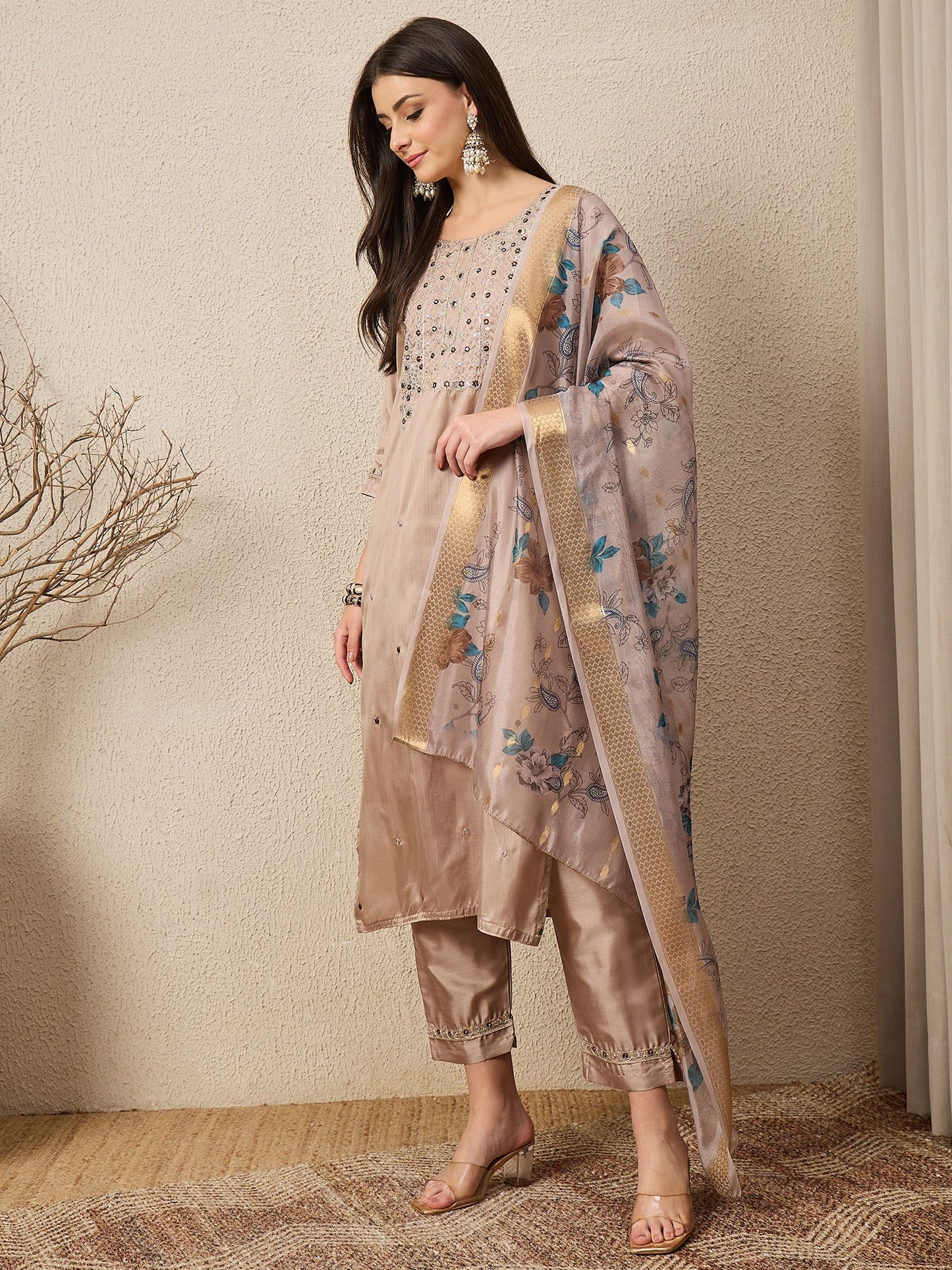 Jhalak Beige Women Silk Blend Kurta and Trousers Pant Set - FitVibe Fashion