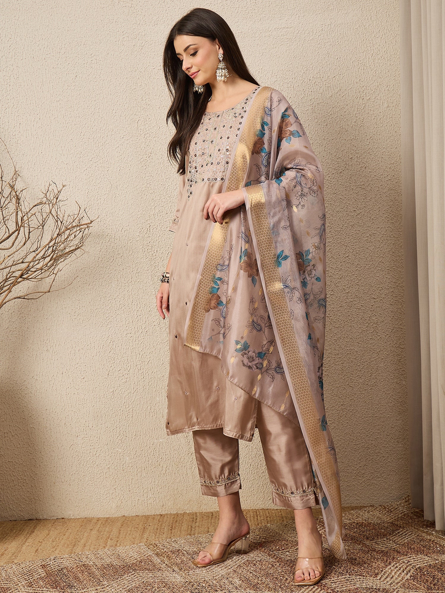 Jhalak Beige Women Silk Blend Kurta and Trousers Pant Set - FitVibe Fashion