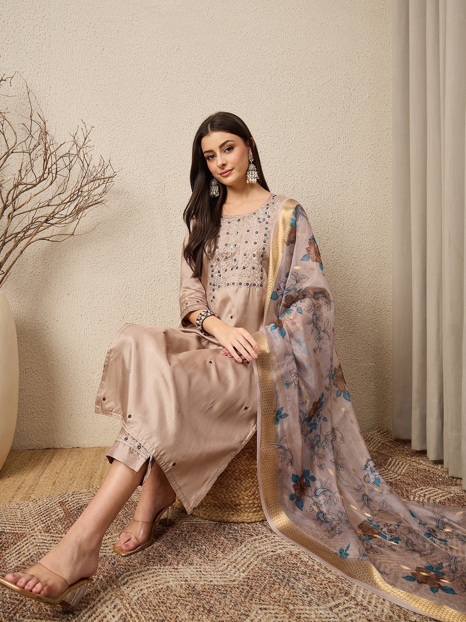 Jhalak Beige Women Silk Blend Kurta and Trousers Pant Set - FitVibe Fashion