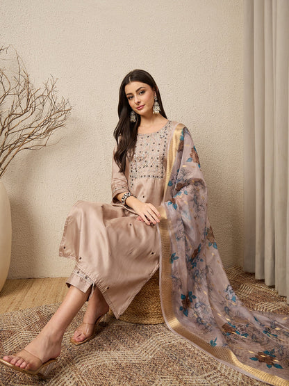 Jhalak Beige Women Silk Blend Kurta and Trousers Pant Set - FitVibe Fashion