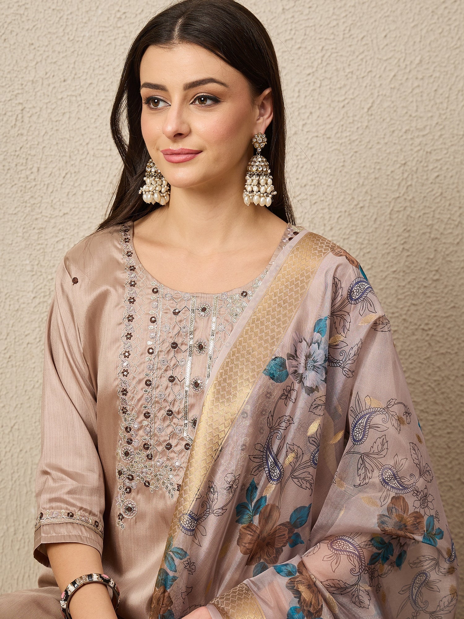 Jhalak Beige Women Silk Blend Kurta and Trousers Pant Set - FitVibe Fashion