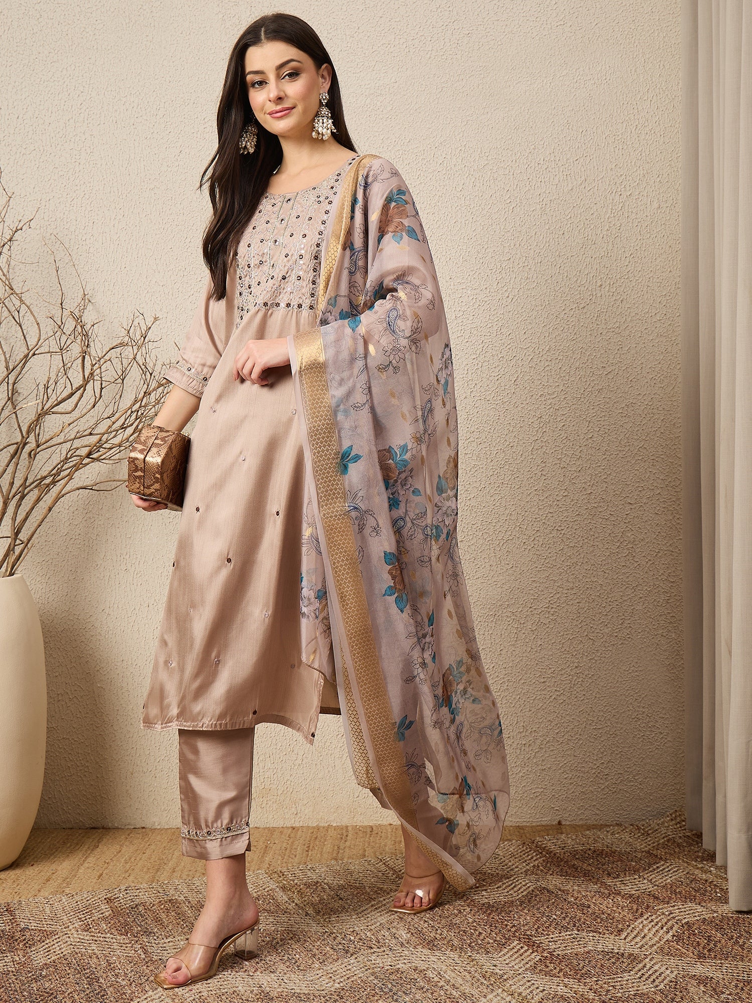 Jhalak Beige Women Silk Blend Kurta and Trousers Pant Set - FitVibe Fashion
