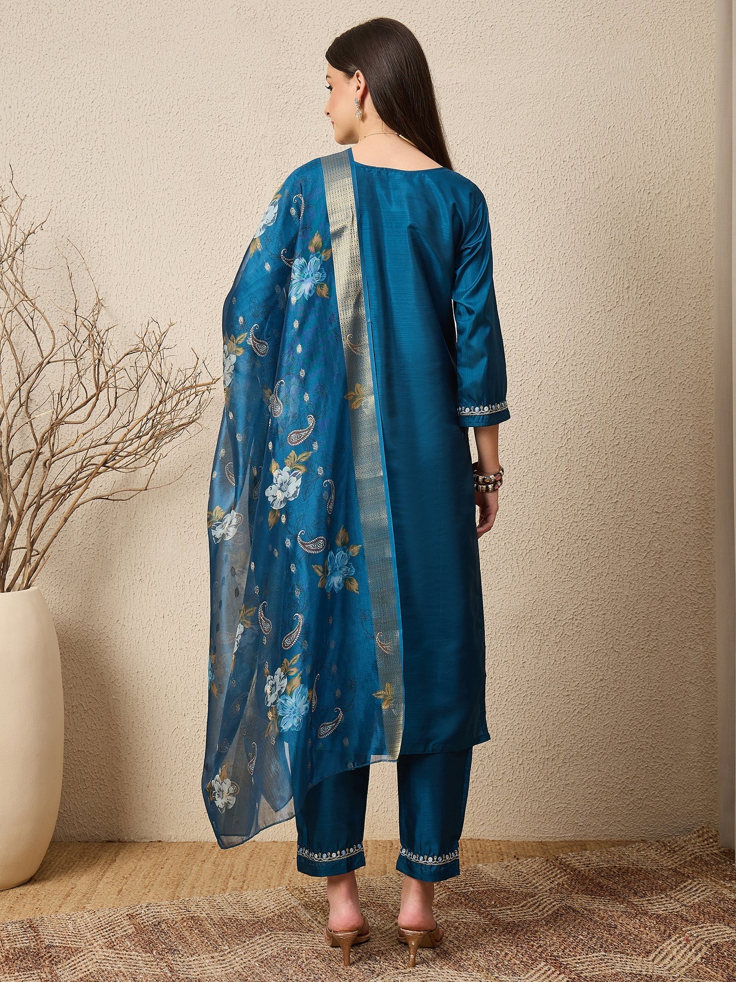 Kankotri Blue Women Silk Blend Kurta and Trousers Pant Set - FitVibe Fashion