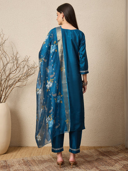 Kankotri Blue Women Silk Blend Kurta and Trousers Pant Set - FitVibe Fashion