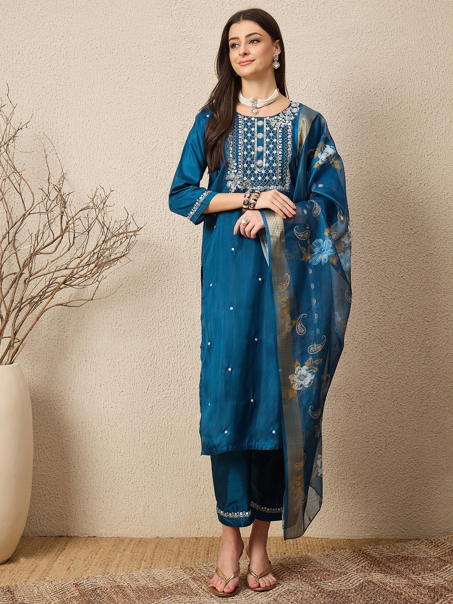Kankotri Blue Women Silk Blend Kurta and Trousers Pant Set - FitVibe Fashion