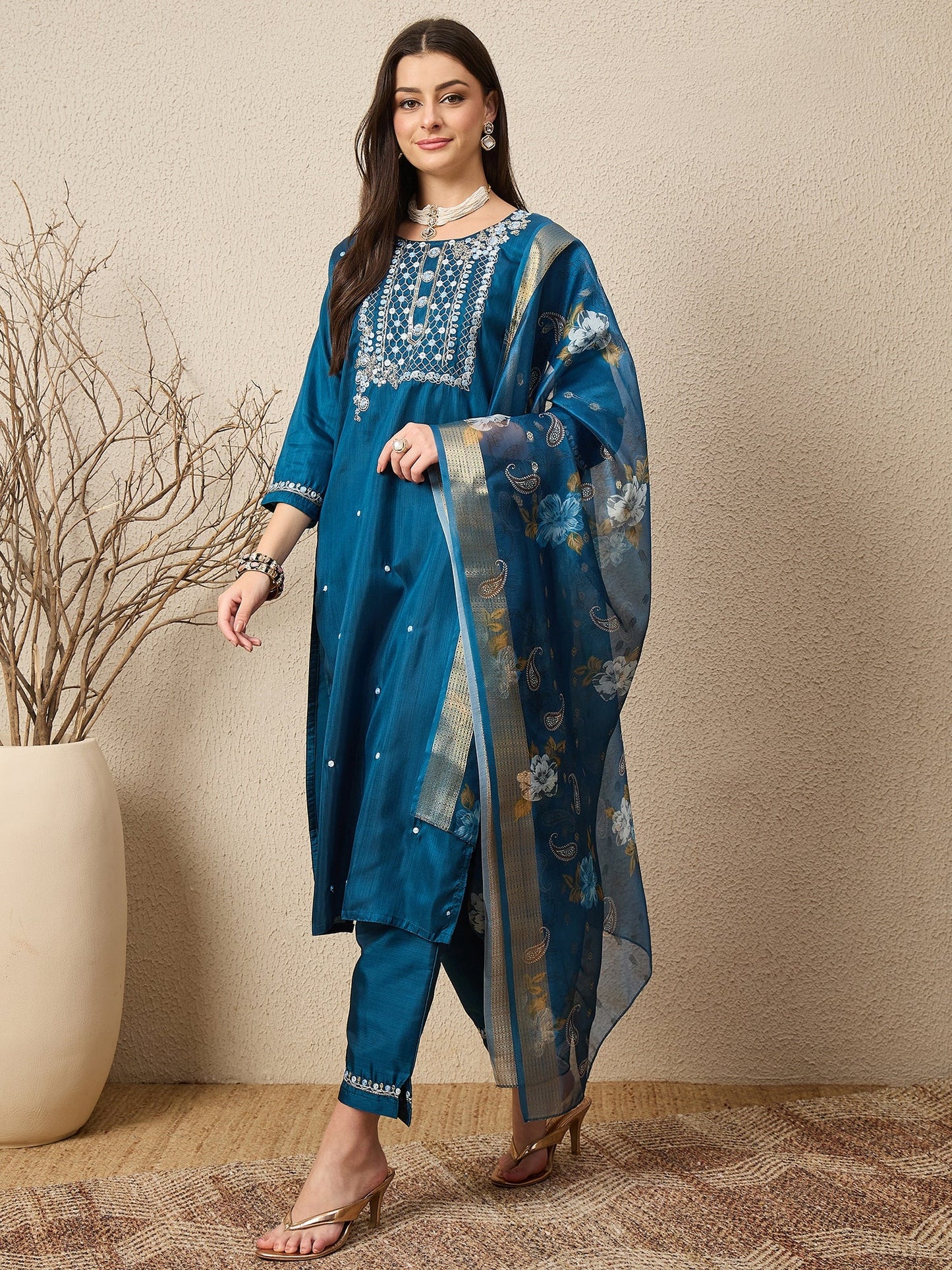 Kankotri Blue Women Silk Blend Kurta and Trousers Pant Set - FitVibe Fashion