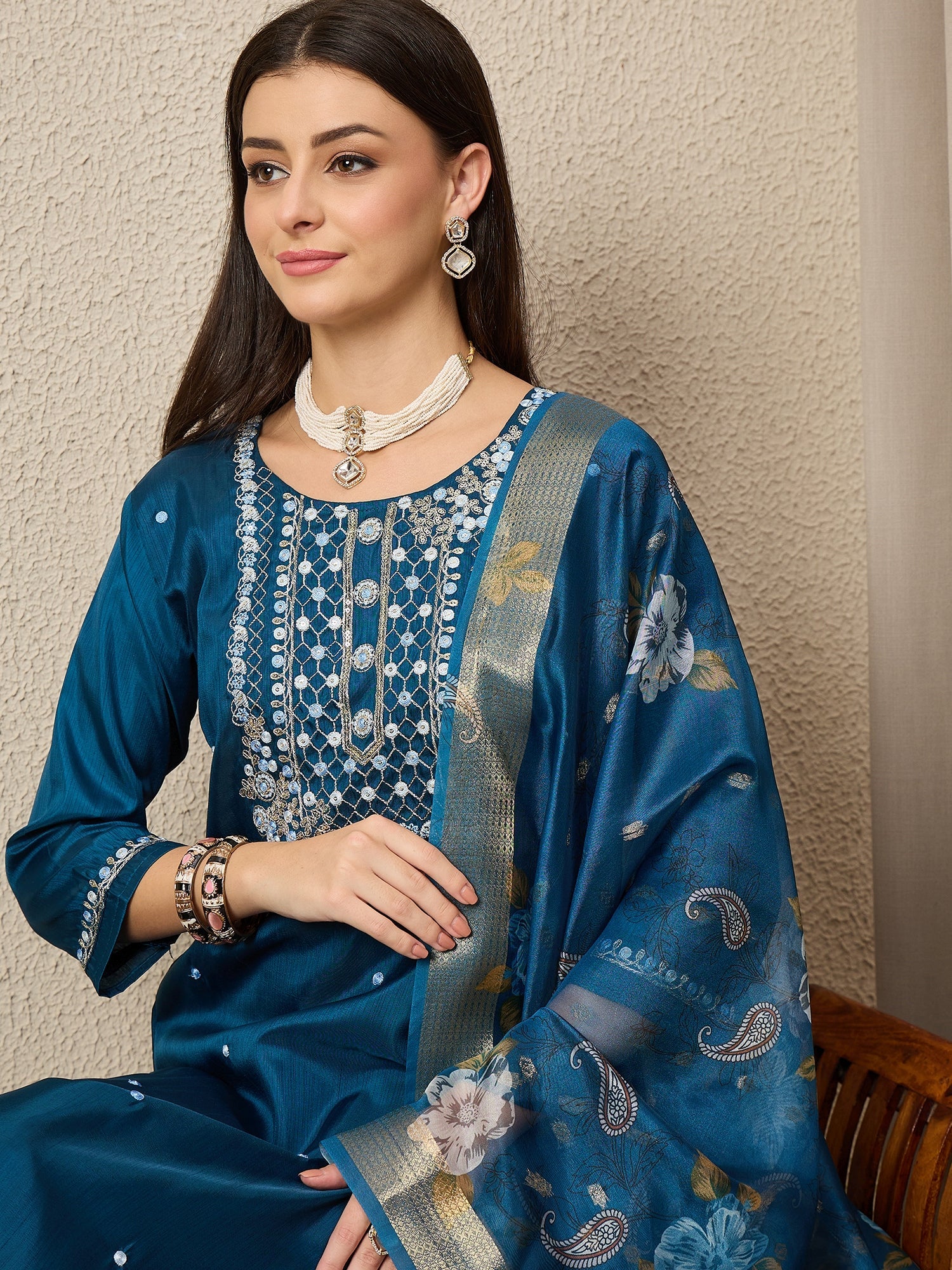 Kankotri Blue Women Silk Blend Kurta and Trousers Pant Set - FitVibe Fashion