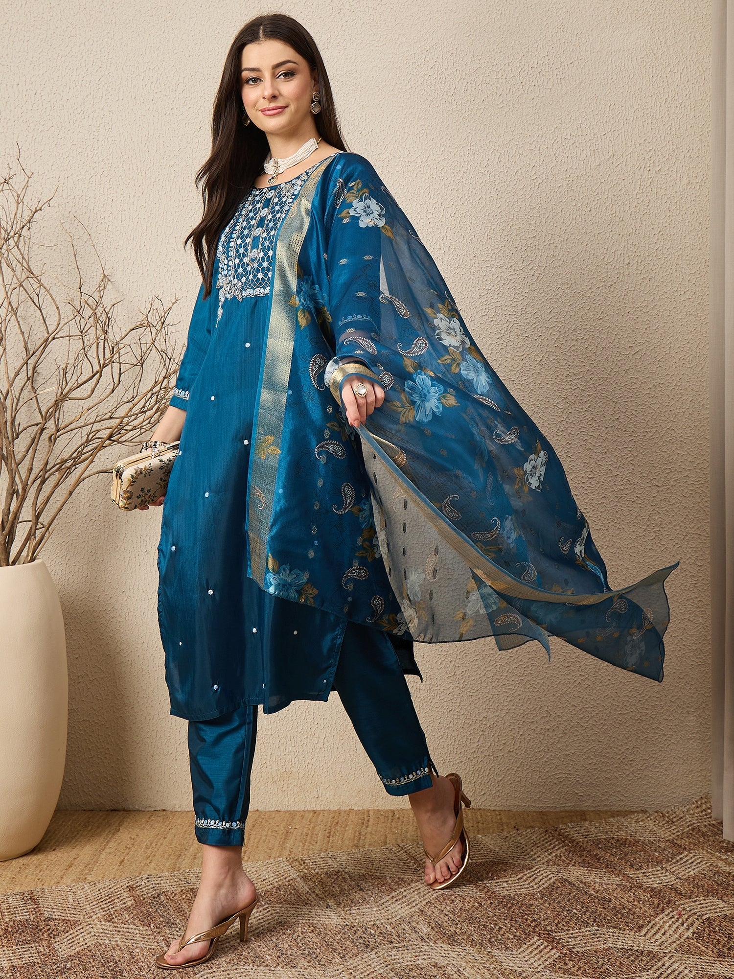 Kankotri Blue Women Silk Blend Kurta and Trousers Pant Set - FitVibe Fashion