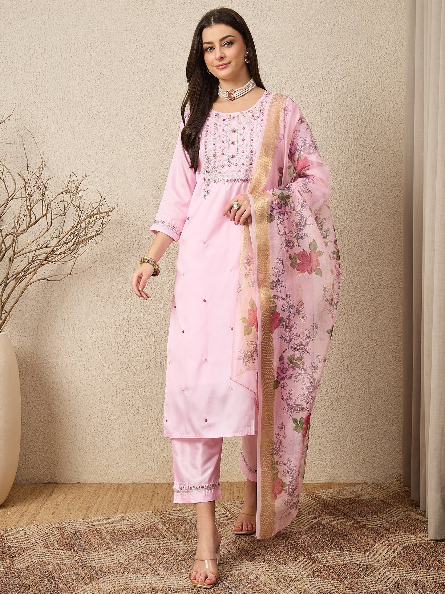 KesarSaga Pink Women Silk Blend Kurta and Trousers Pant Set - FitVibe Fashion
