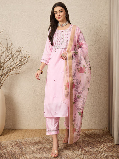 KesarSaga Pink Women Silk Blend Kurta and Trousers Pant Set - FitVibe Fashion