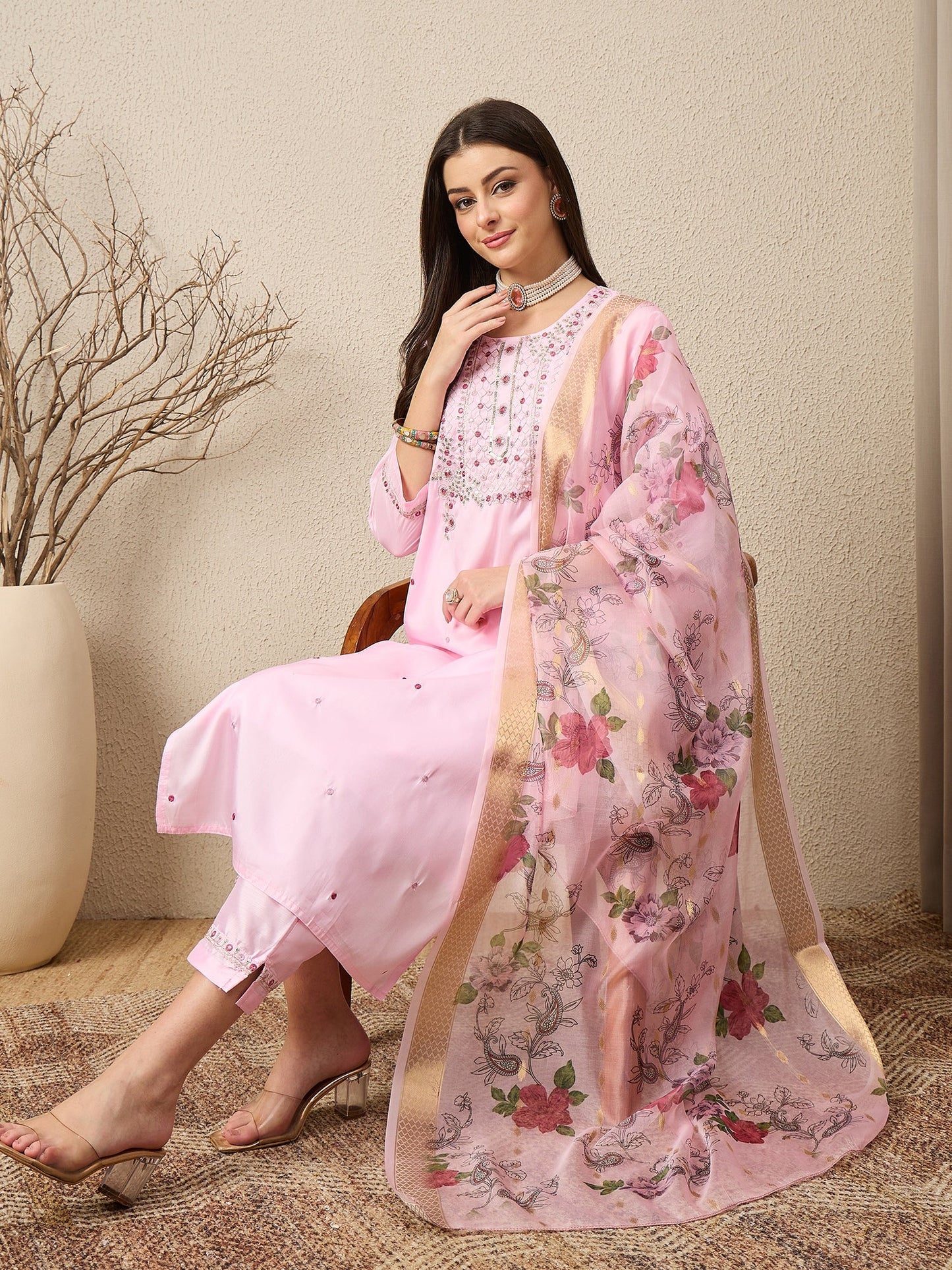 KesarSaga Pink Women Silk Blend Kurta and Trousers Pant Set - FitVibe Fashion