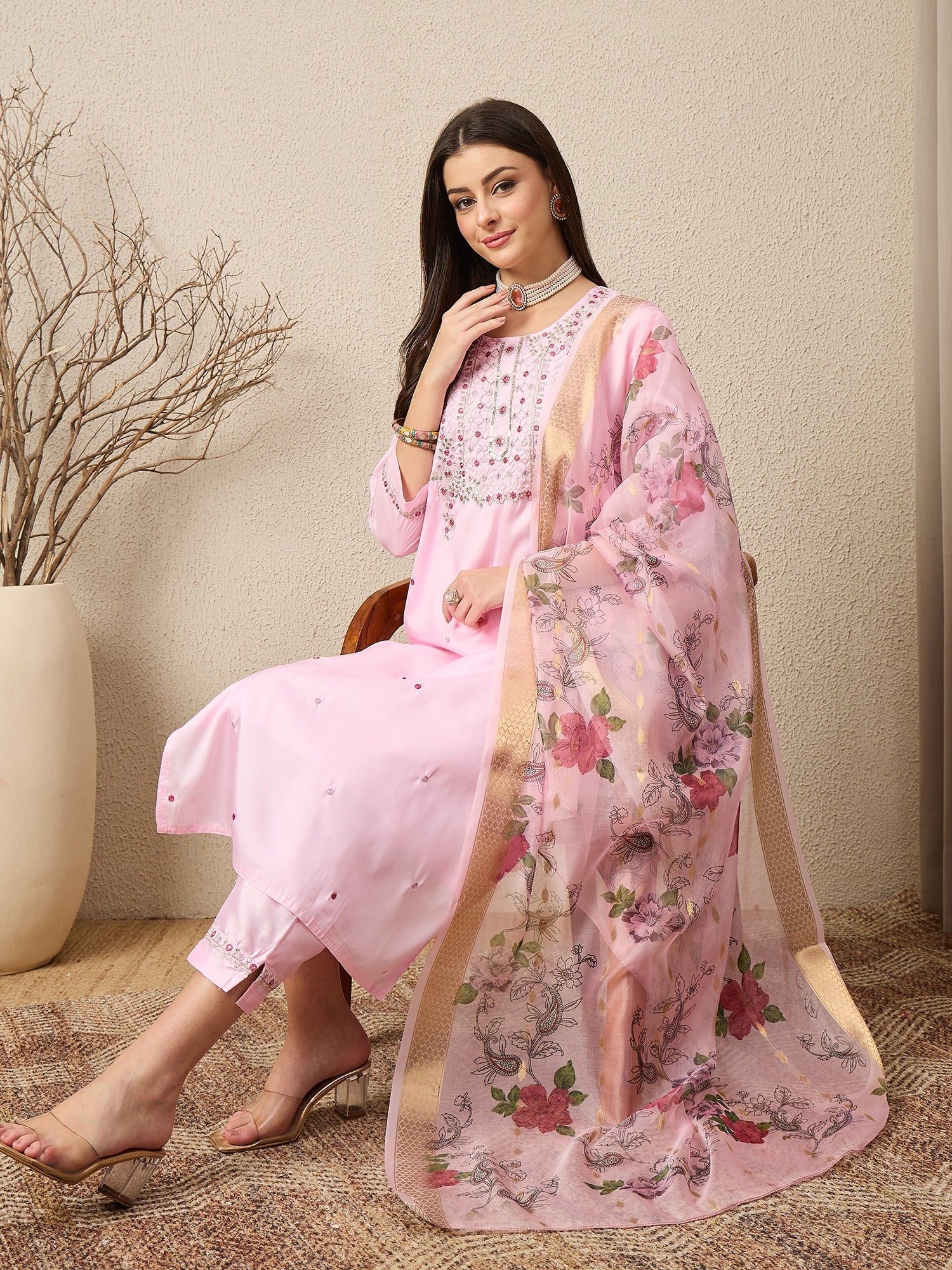 KesarSaga Pink Women Silk Blend Kurta and Trousers Pant Set - FitVibe Fashion