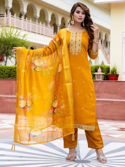 Women’s Viscose Roman Silk Embroidery Straight Kurta Pant with Dupatta Set - FitVibe Fashion