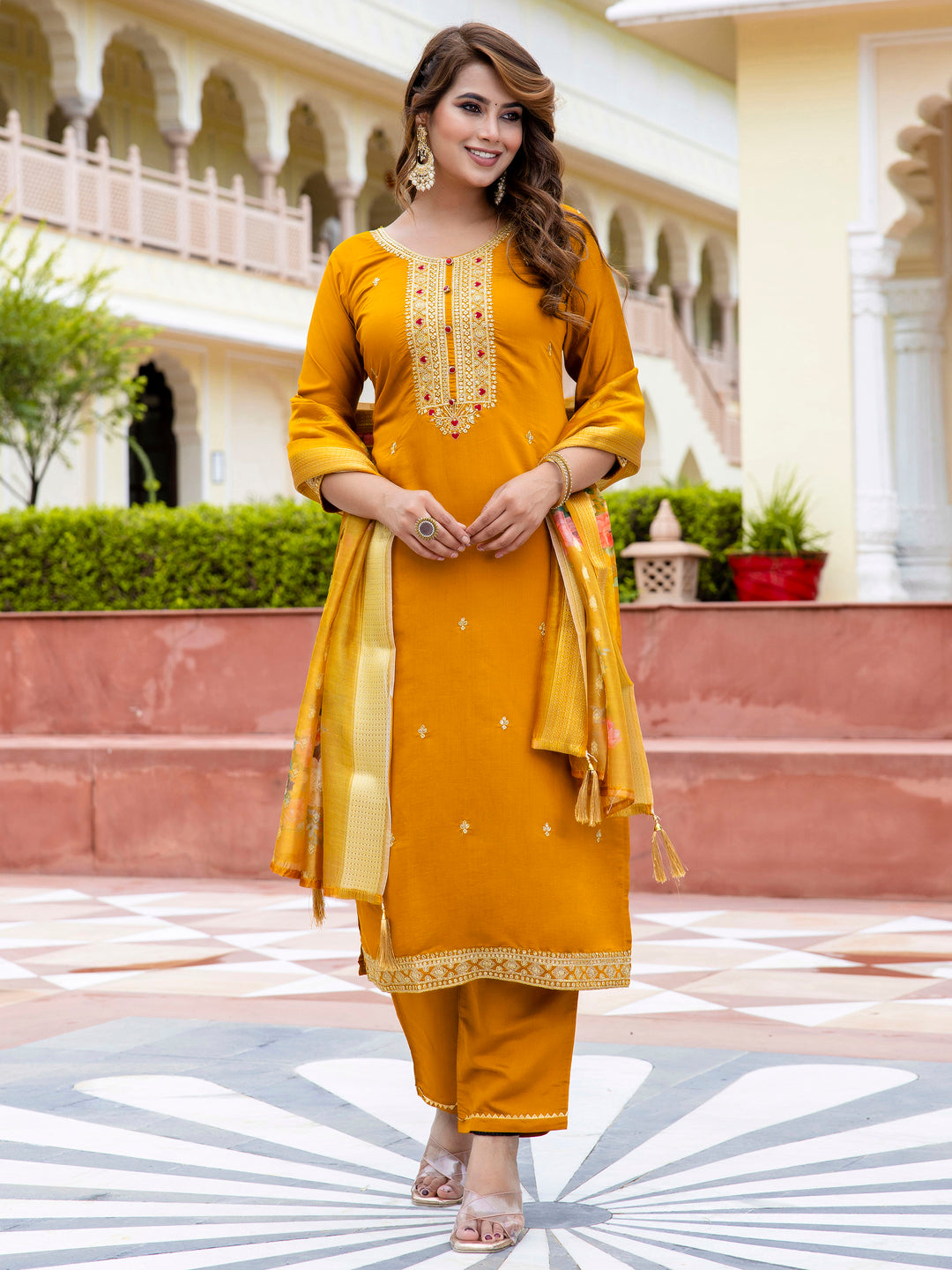 Women’s Viscose Roman Silk Embroidery Straight Kurta Pant with Dupatta Set - FitVibe Fashion