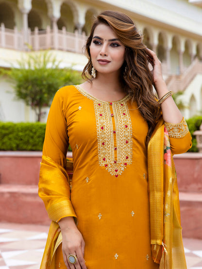 Women’s Viscose Roman Silk Embroidery Straight Kurta Pant with Dupatta Set - FitVibe Fashion