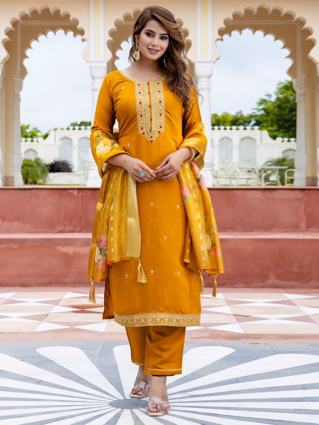 Women’s Viscose Roman Silk Embroidery Straight Kurta Pant with Dupatta Set - FitVibe Fashion