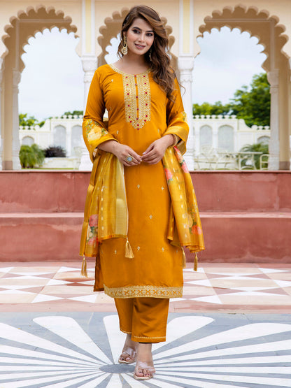 Women’s Viscose Roman Silk Embroidery Straight Kurta Pant with Dupatta Set - FitVibe Fashion