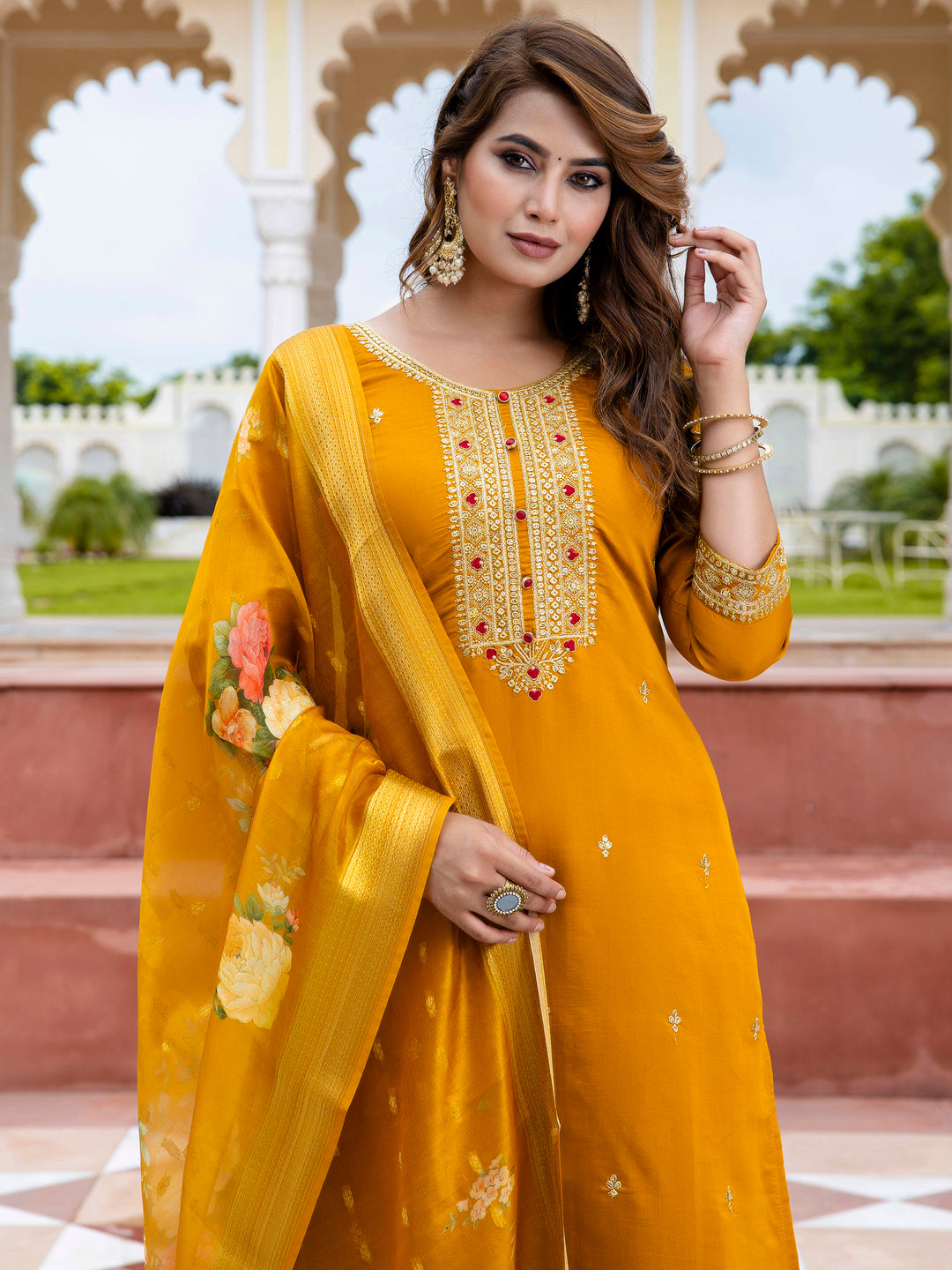 Women’s Viscose Roman Silk Embroidery Straight Kurta Pant with Dupatta Set - FitVibe Fashion