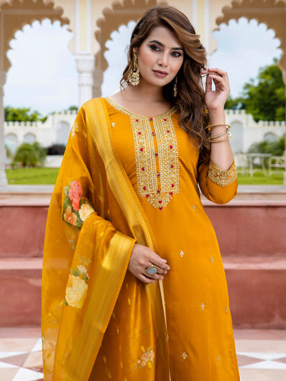 Women’s Viscose Roman Silk Embroidery Straight Kurta Pant with Dupatta Set - FitVibe Fashion