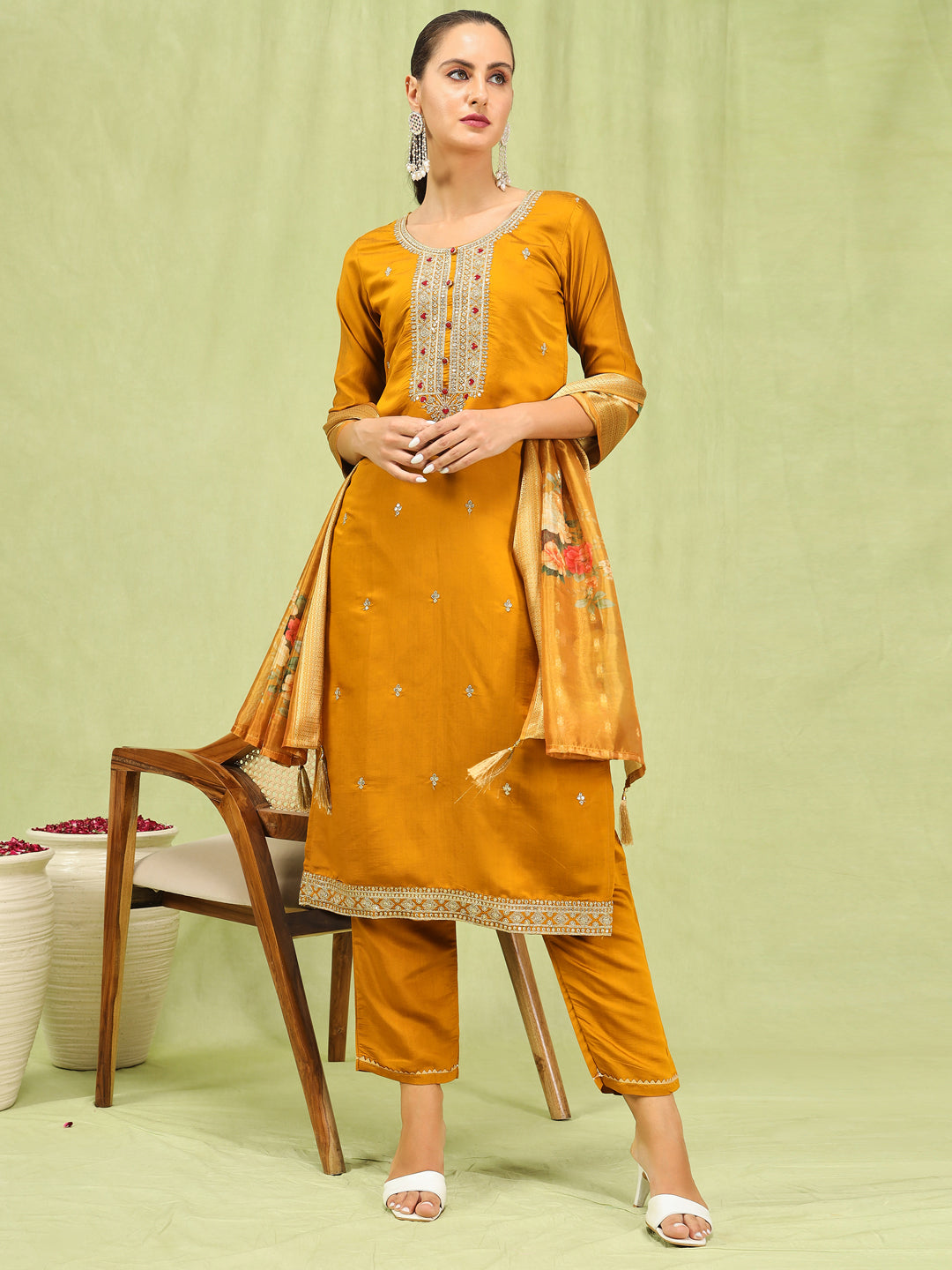 Women’s Viscose Roman Silk Embroidery Straight Kurta Pant with Dupatta Set - FitVibe Fashion