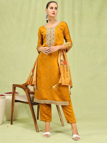 Women’s Viscose Roman Silk Embroidery Straight Kurta Pant with Dupatta Set - FitVibe Fashion