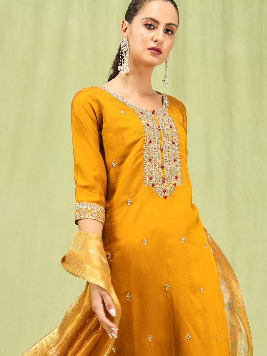 Women’s Viscose Roman Silk Embroidery Straight Kurta Pant with Dupatta Set - FitVibe Fashion