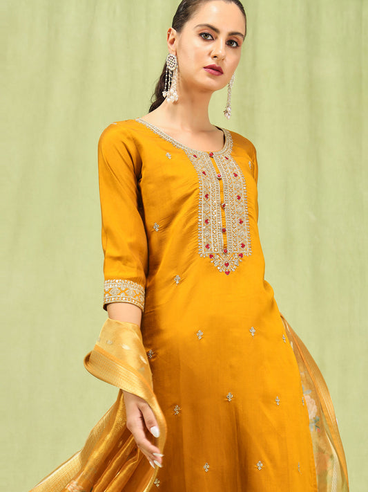 Women’s Viscose Roman Silk Embroidery Straight Kurta Pant with Dupatta Set - FitVibe Fashion