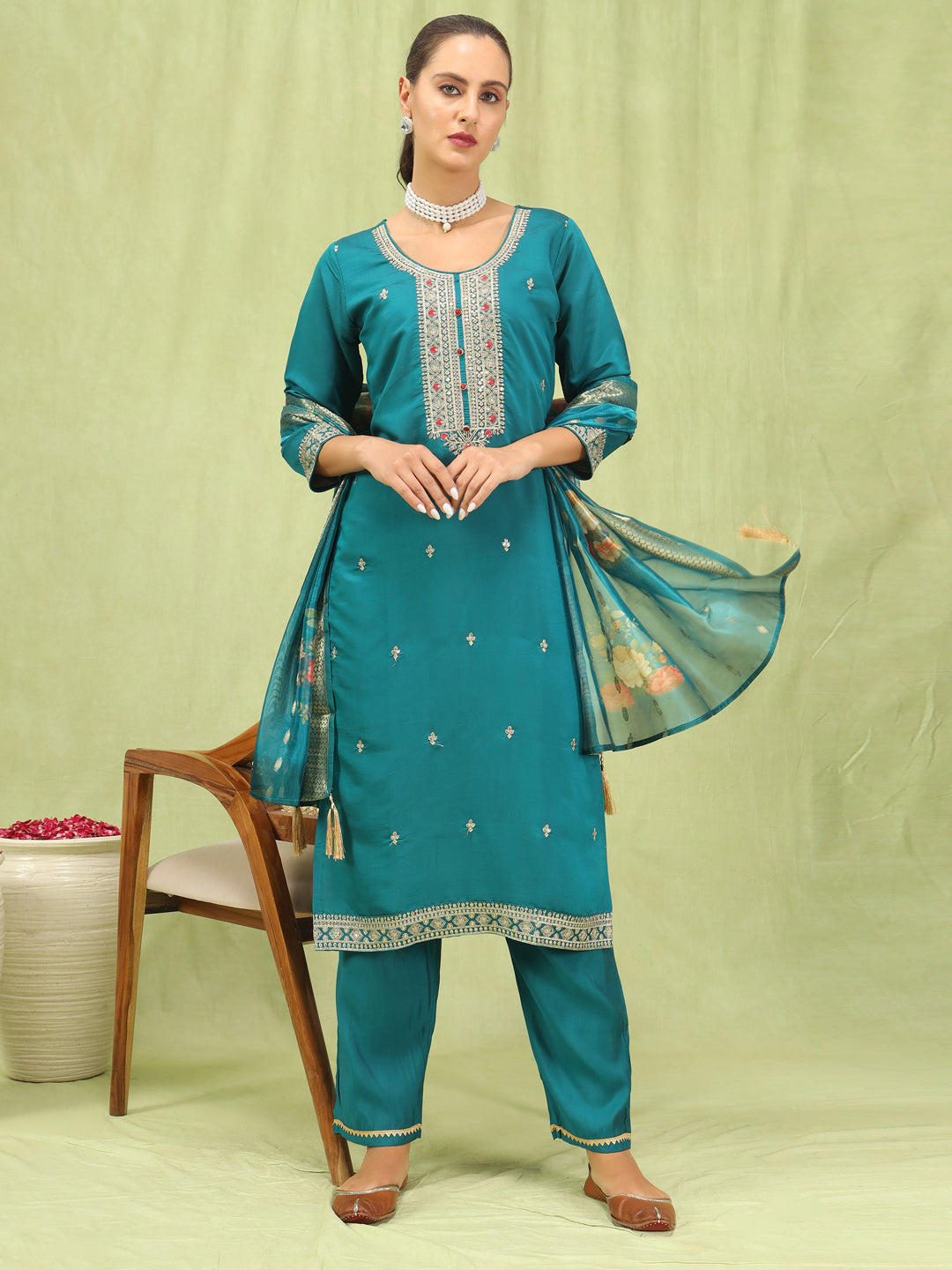 Veena Women’s Viscose Roman Silk Embroidery Straight Kurta Pant with Dupatta Set - FitVibe Fashion