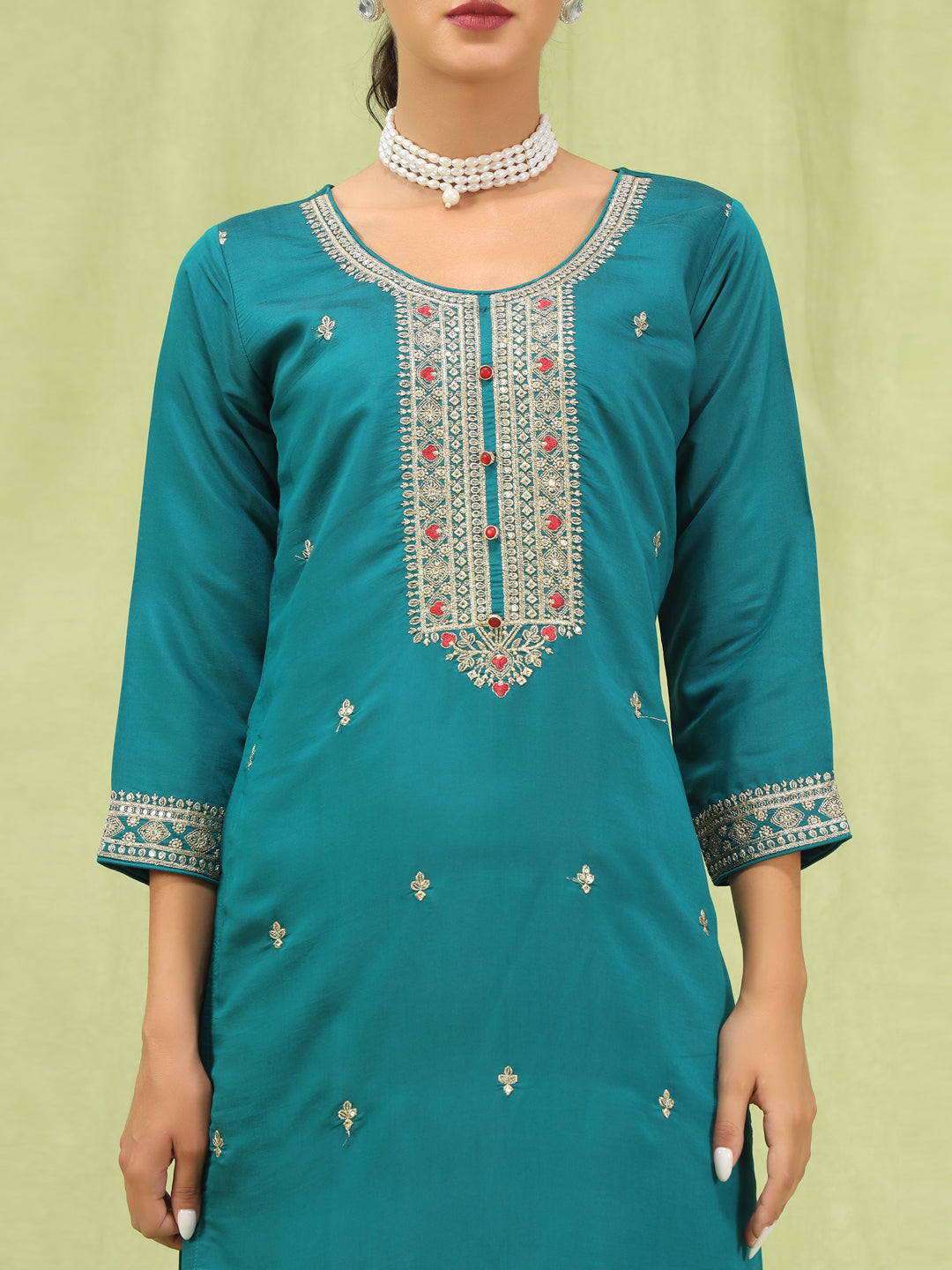 Veena Women’s Viscose Roman Silk Embroidery Straight Kurta Pant with Dupatta Set - FitVibe Fashion