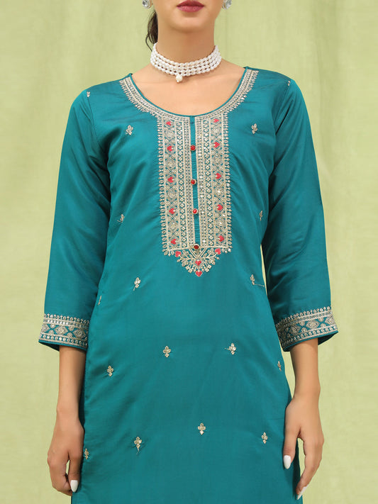 Veena Women’s Viscose Roman Silk Embroidery Straight Kurta Pant with Dupatta Set - FitVibe Fashion