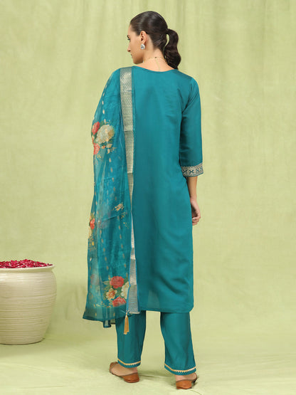 Veena Women’s Viscose Roman Silk Embroidery Straight Kurta Pant with Dupatta Set - FitVibe Fashion