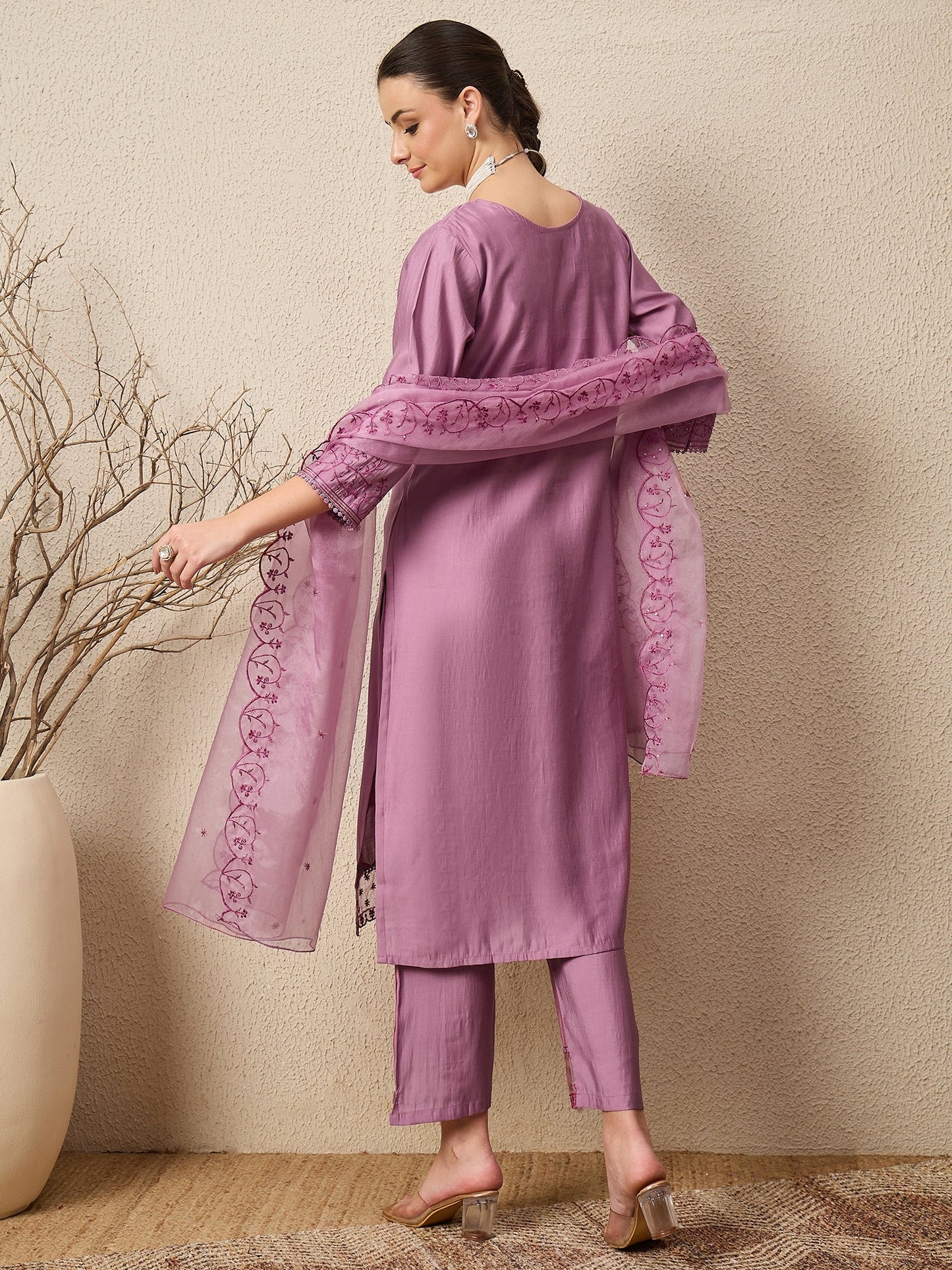 Nayika Lavender Women Silk Blend Kurta and Trousers Pant Set - FitVibe Fashion