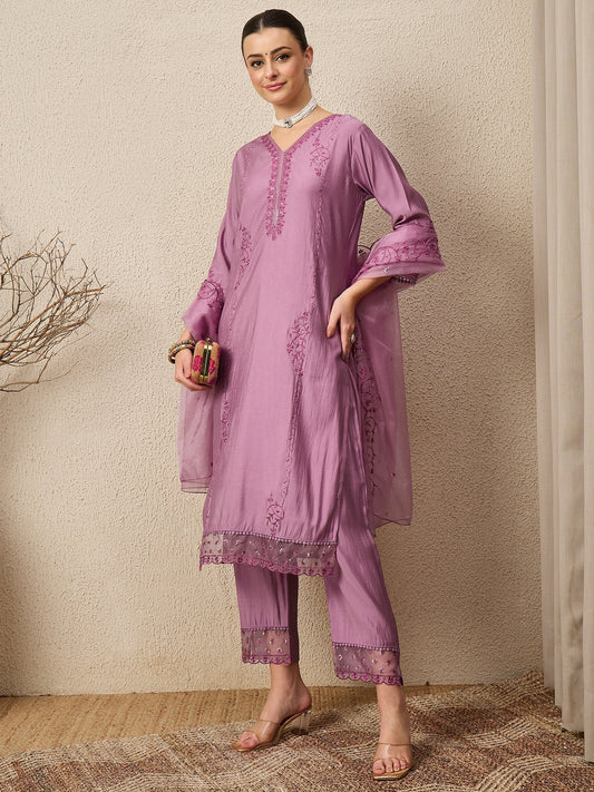 Nayika Lavender Women Silk Blend Kurta and Trousers Pant Set - FitVibe Fashion