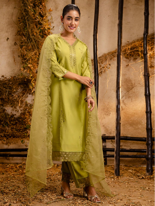 Silk Blend Women Embroidered Kurta And Pant Set With Dupatta Kurta Set For Women - FitVibe Fashion