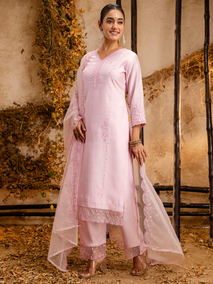 Silk Blend Women Embroidered Kurta And Pant Set With Dupatta Kurta Set For Women - FitVibe Fashion