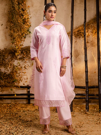 Silk Blend Women Embroidered Kurta And Pant Set With Dupatta Kurta Set For Women - FitVibe Fashion