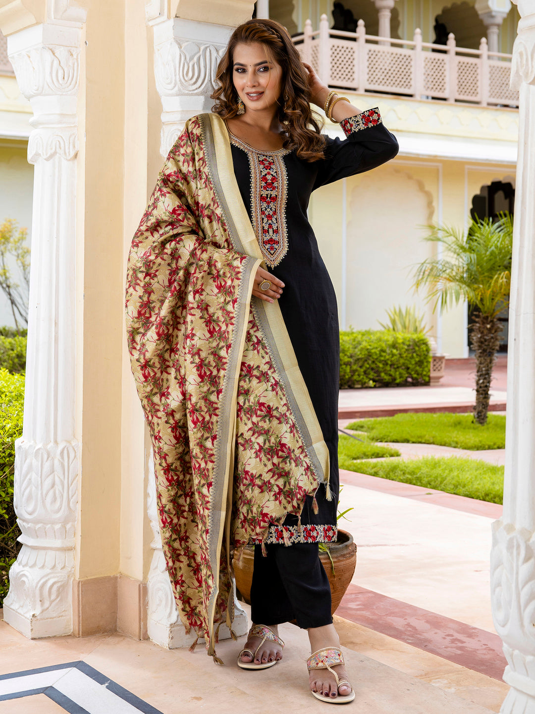 Women’s Viscose Roman Silk Embroidery Straight Kurta Pant with Dupatta Set - FitVibe Fashion