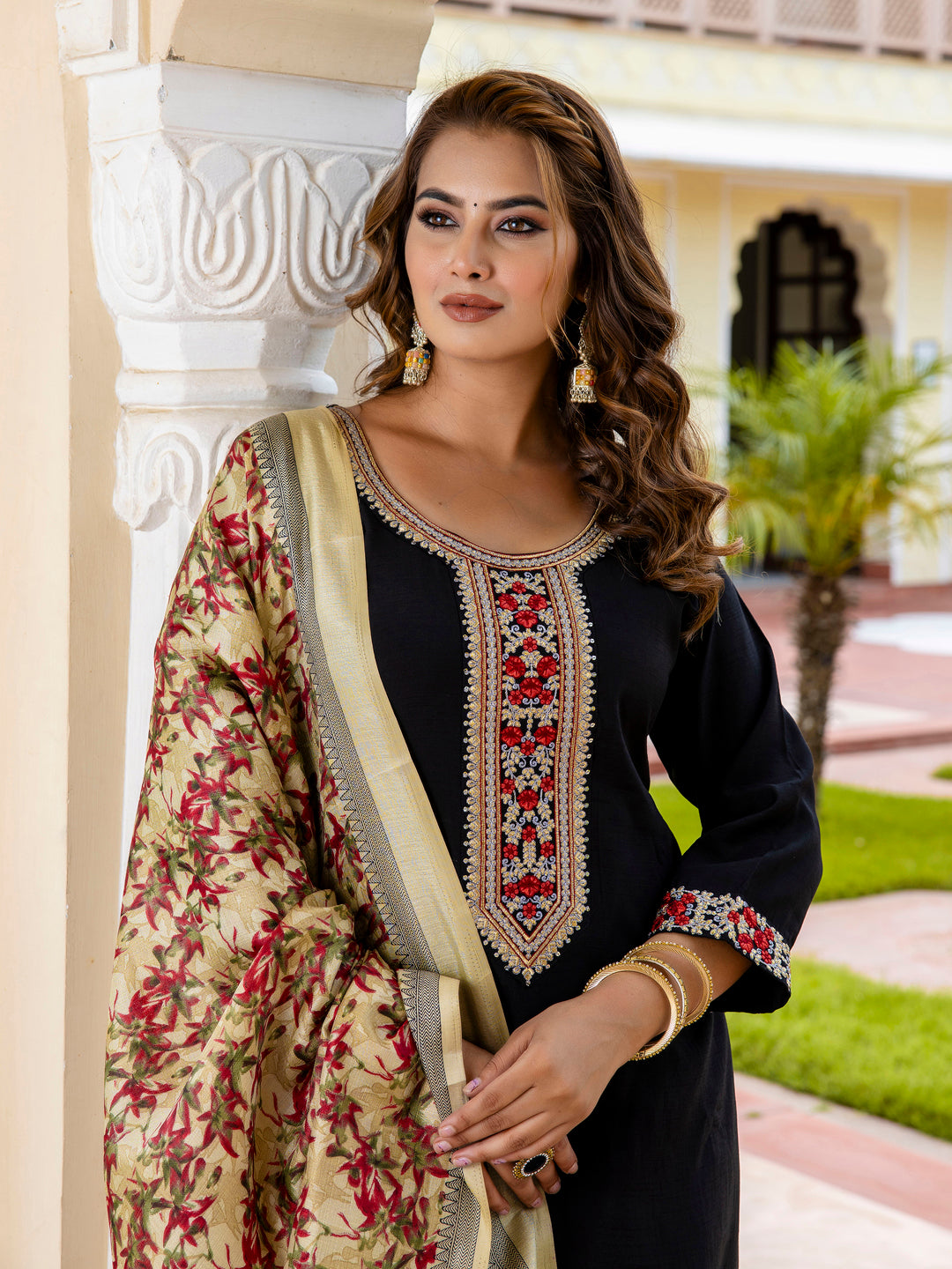 Women’s Viscose Roman Silk Embroidery Straight Kurta Pant with Dupatta Set - FitVibe Fashion