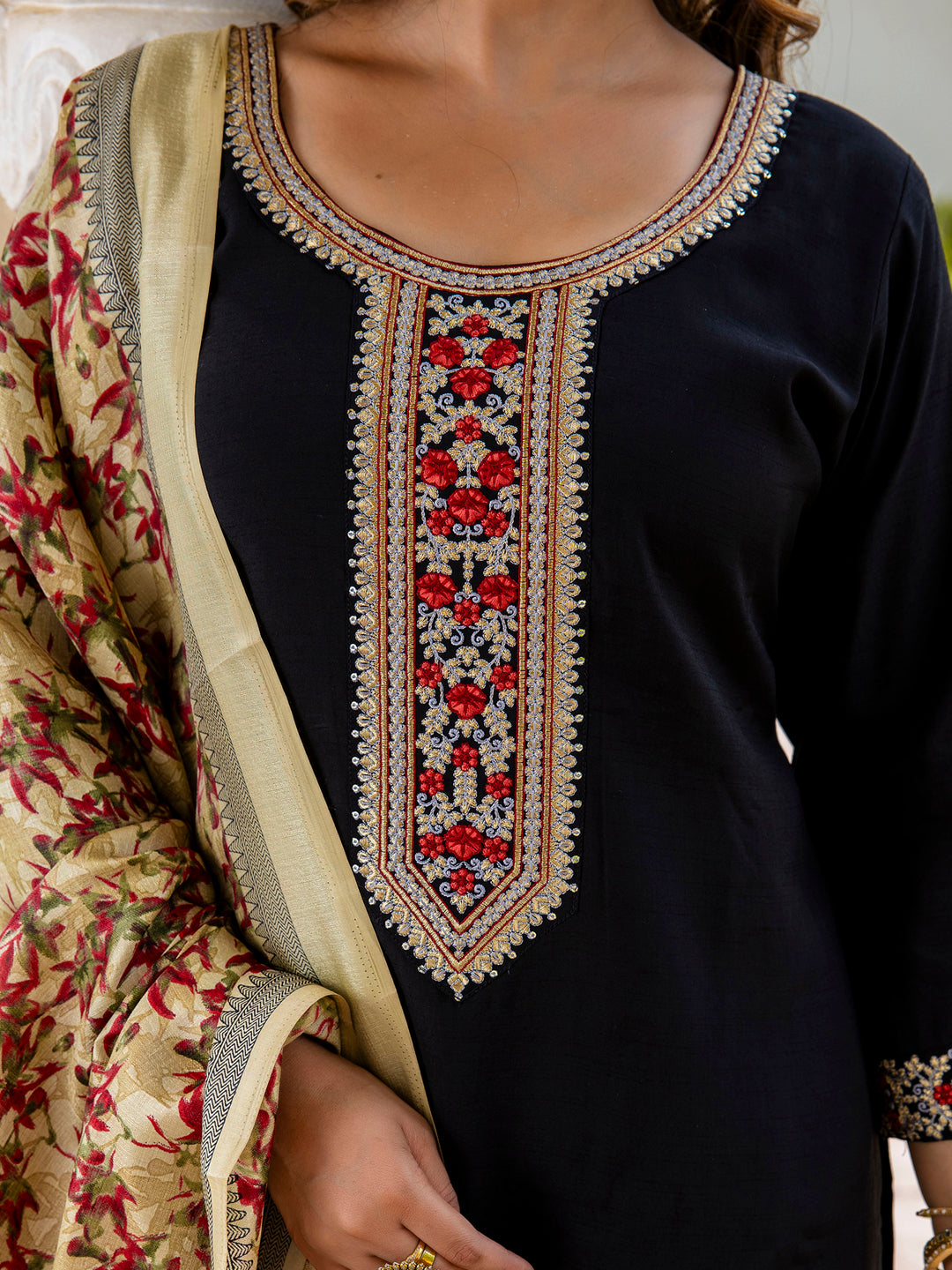 Women’s Viscose Roman Silk Embroidery Straight Kurta Pant with Dupatta Set - FitVibe Fashion