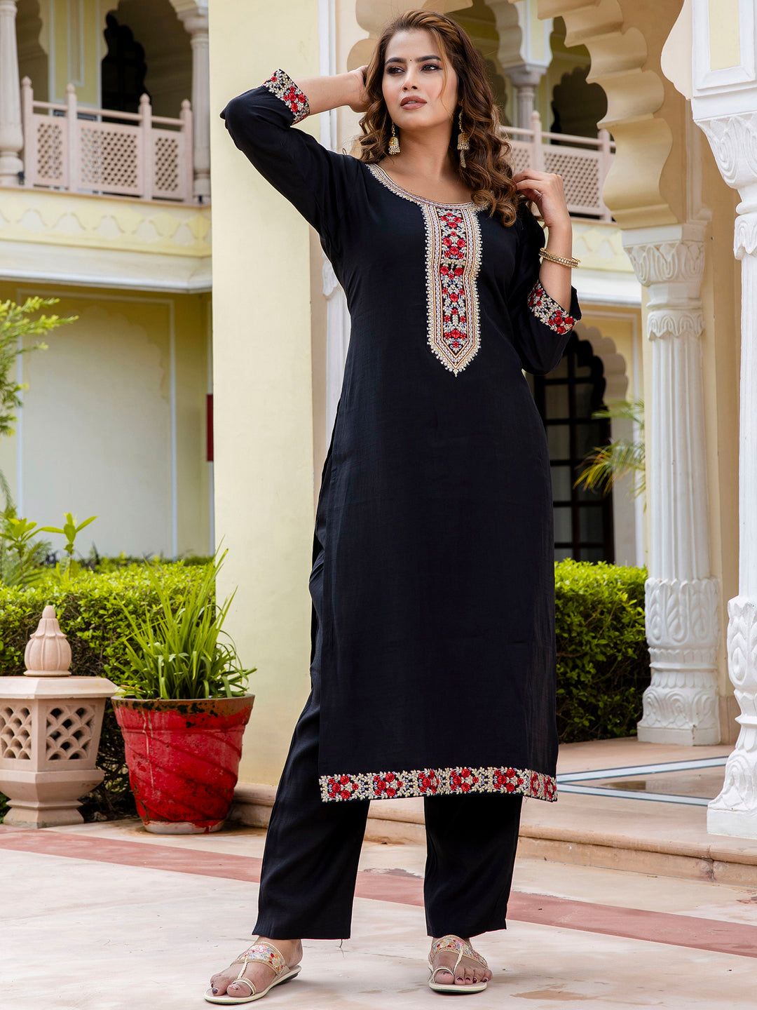 Women’s Viscose Roman Silk Embroidery Straight Kurta Pant with Dupatta Set - FitVibe Fashion