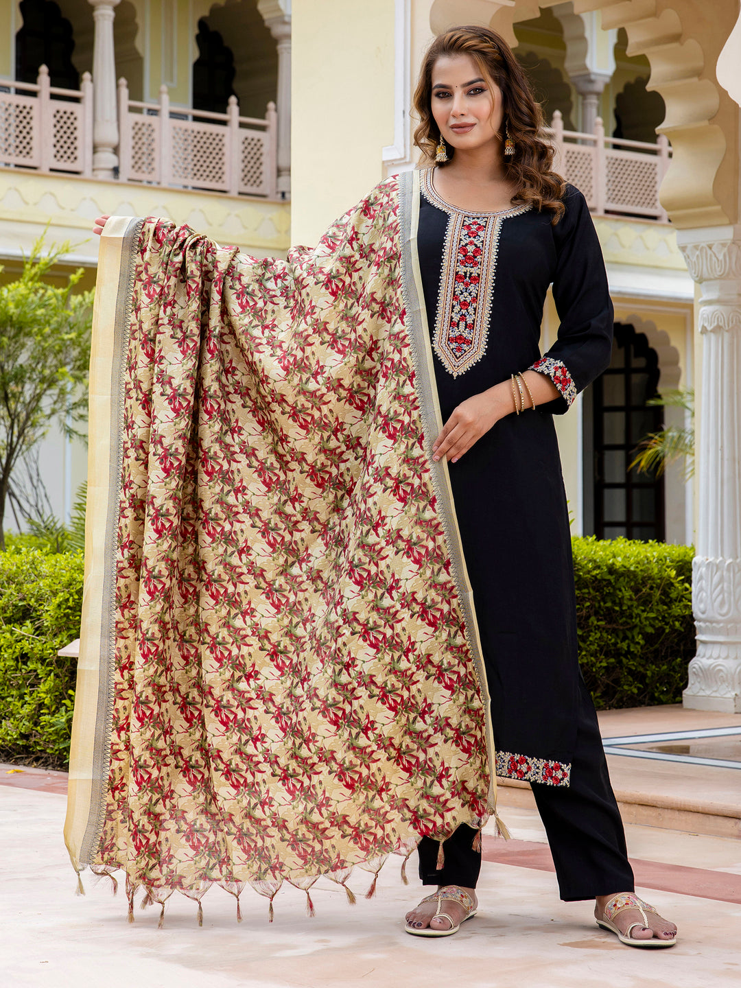 Women’s Viscose Roman Silk Embroidery Straight Kurta Pant with Dupatta Set - FitVibe Fashion